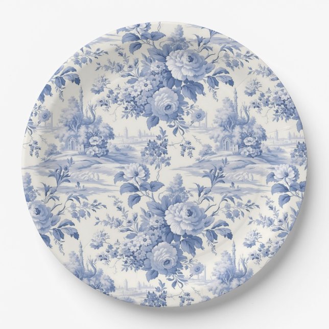 French floral toile blue paper plates (Front)