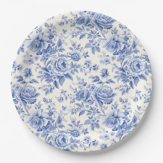 French floral toile blue paper plates (Front)