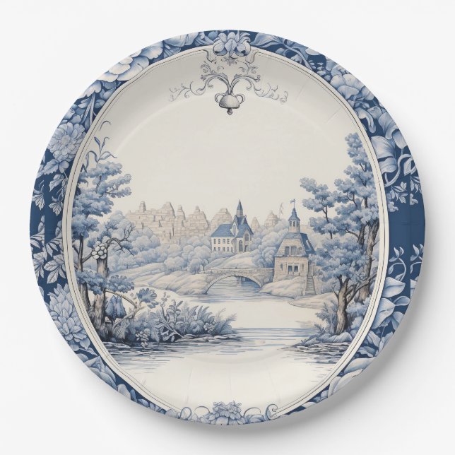 French floral toile blue paper plates (Front)