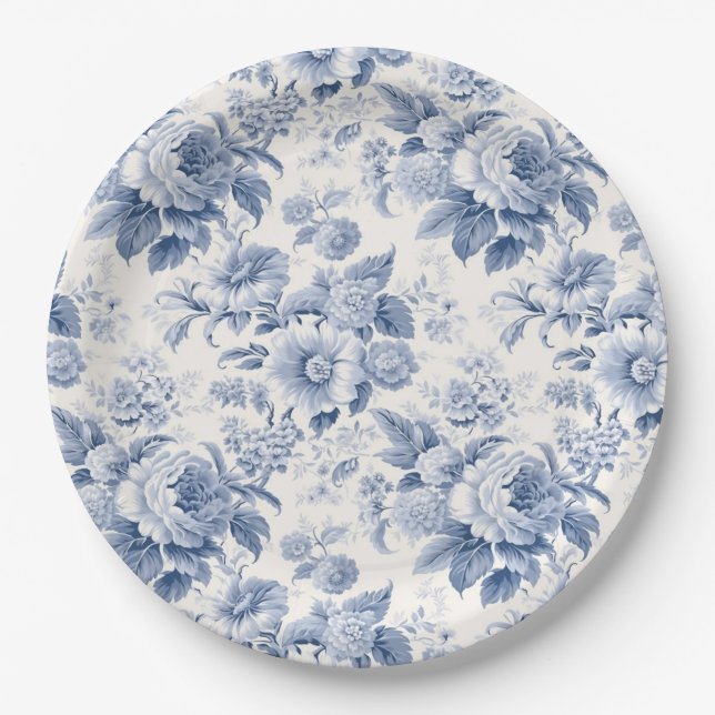 French floral toile blue paper plates (Front)