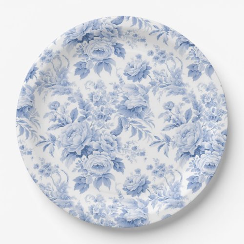 French floral toile blue paper plates