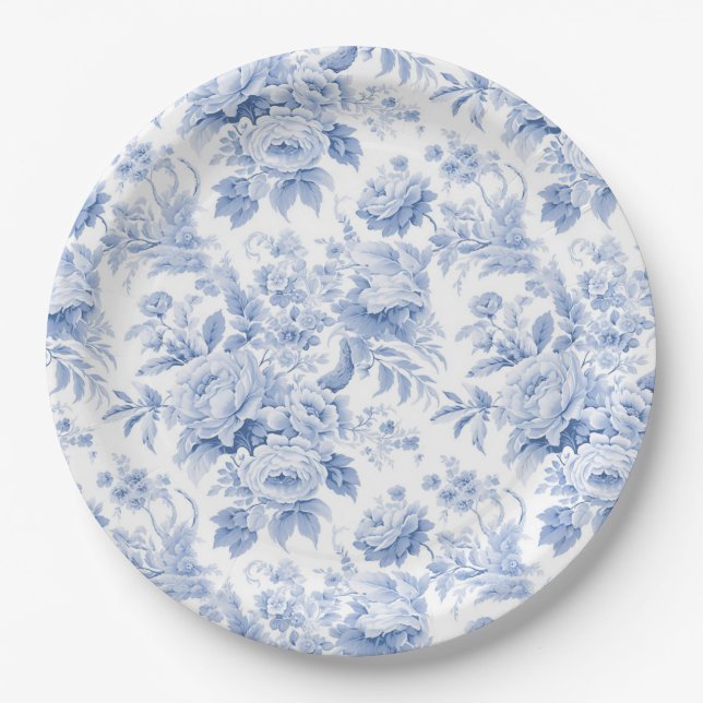 French floral toile blue paper plates (Front)