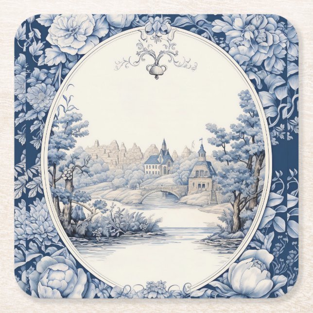 French floral toile blue square paper coaster (Front)