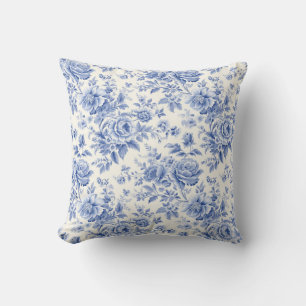 French floral toile blue throw pillow