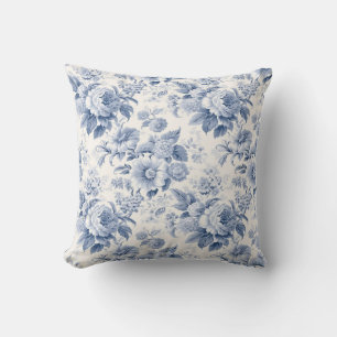 French floral toile blue throw pillow