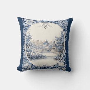 French floral toile blue throw pillow