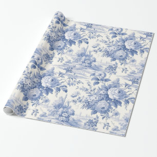 French floral toile blue wrapping paper