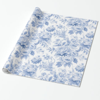French floral toile blue wrapping paper