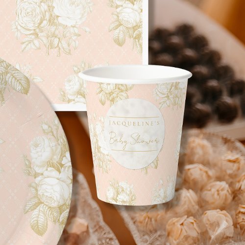 French Floral Toile Elegant Girl Baby Shower Blush Paper Cups