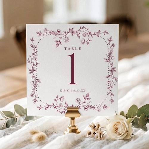 French Floral Toile Red Wine Wedding Table Numbers