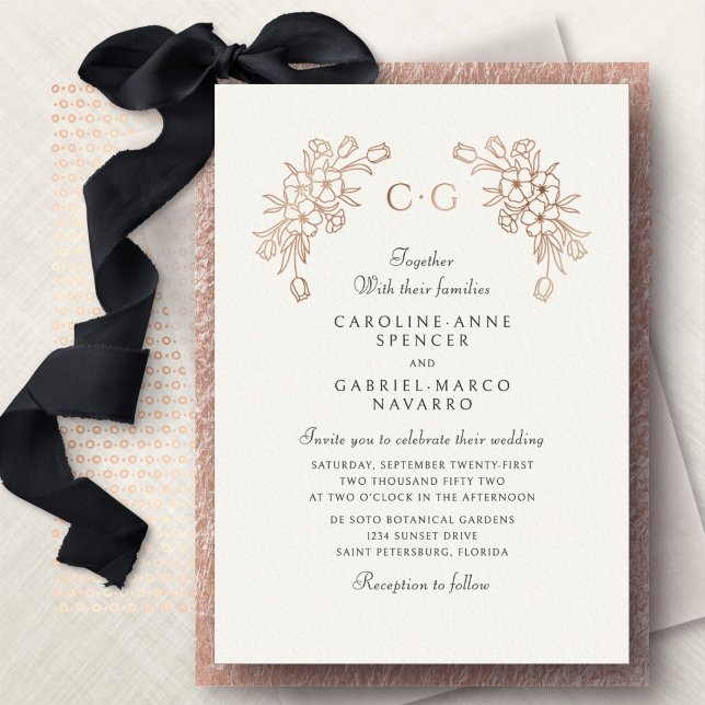 French Floral Tulips Monogram Wedding Foil Invitation (Creator Uploaded)
