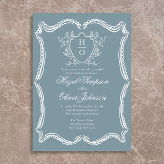 French Floral Vintage Crest Lace Blue Wedding Invitation