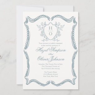 French Floral Vintage Crest Lace Blue Wedding Invitation