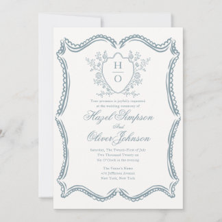 French Floral Vintage Crest Lace Blue Wedding Invitation