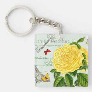 French floral vintage keychain w/ yellow rose