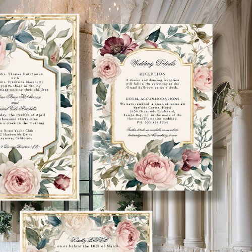 French Floral Vintage Pink n Gold Classic Wedding Invitation