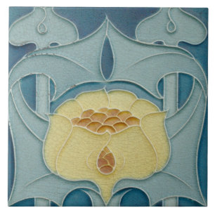 French Floral Yellow Flower Art Nouveau Aqua Blue Ceramic Tile