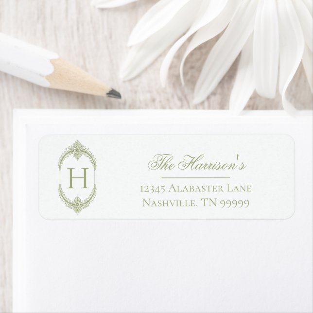 French Flourish Frame Monogram - Olive Green  Label (Insitu)