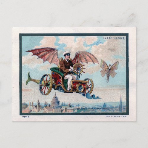 French flying machine _ Victorian steampunk pilot Postcard