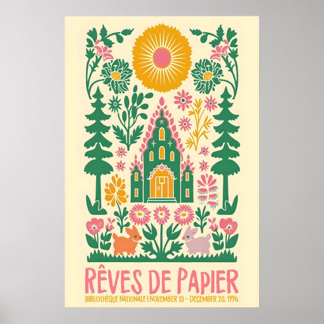 French Folk Art Print Floral Rabbit Exhibition (Front)