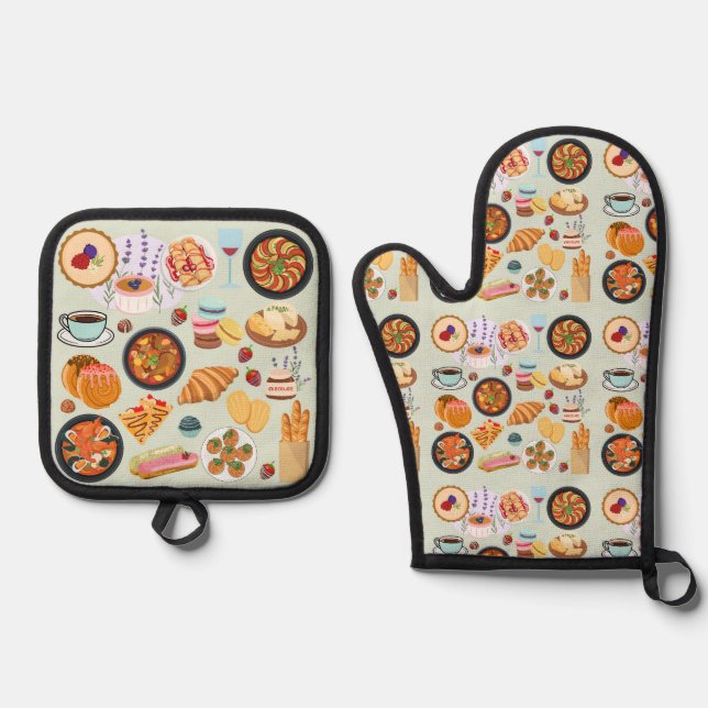 French Food Oven Mitt & Pot Holder Set (Front)
