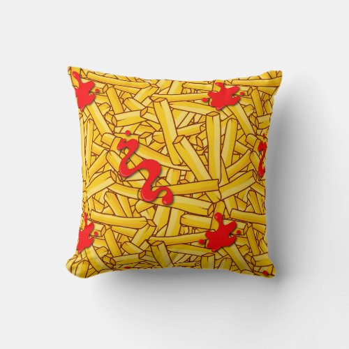 French Fries and Ketchup Cartoon Fast Food Throw Pillow