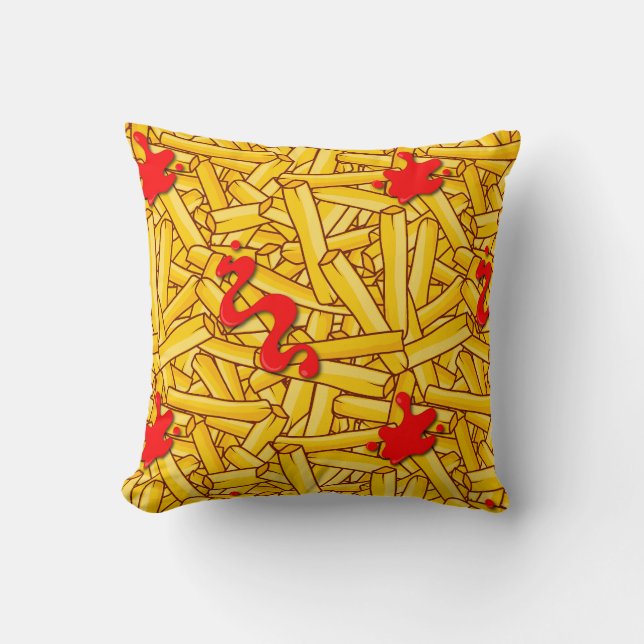 French Fries and Ketchup Cartoon Fast Food Throw Pillow (Front)