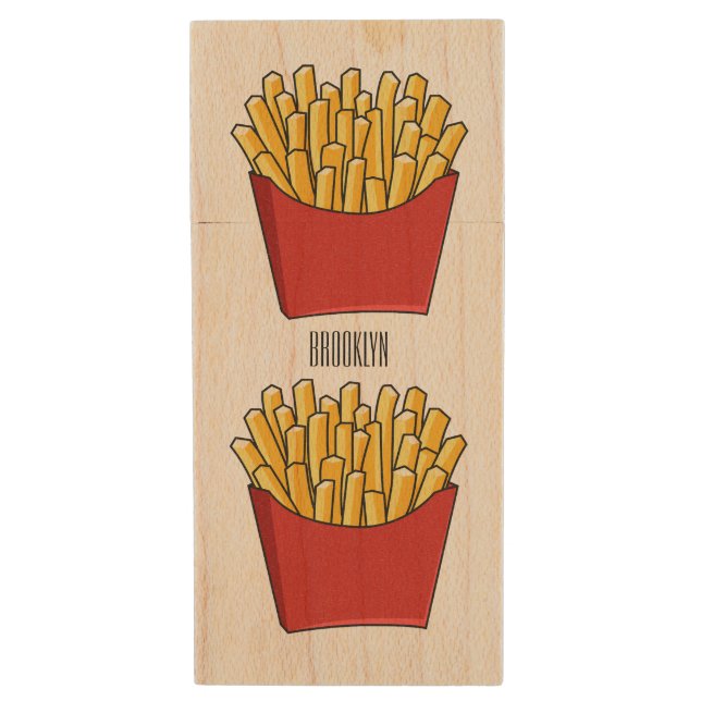 French fries cartoon illustration wood flash drive (Front Vertical)