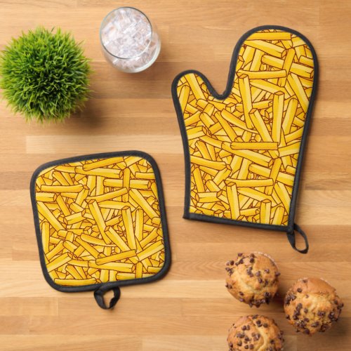 French Fries Chips Fast Food Patterned Oven Mitt  Pot Holder Set