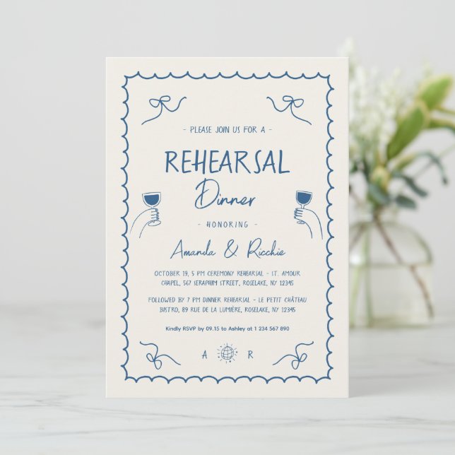 French Fun Hand Drawn Whimsical Rehearsal Dinner Invitation (Standing Front)