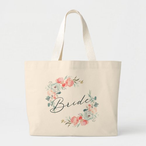 French Garden Floral Wreath  Calligraphy Bride Large Tote Bag