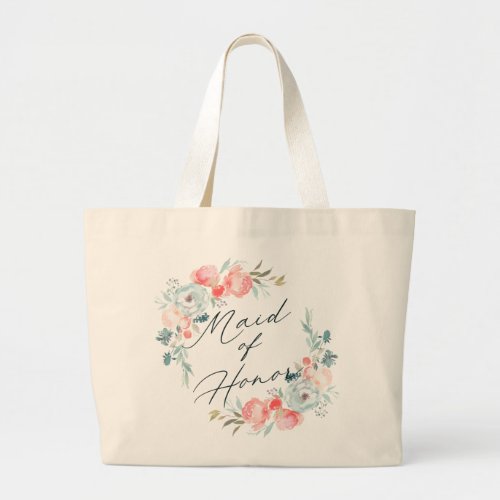 French Garden Pastel Floral Wreath Maid of Honor Large Tote Bag