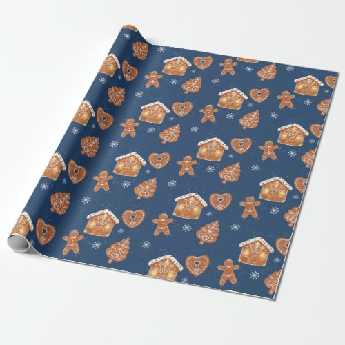French Gingerbread Cookie Wrapping Paper blue