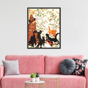 French Girl Feeding Variety of Cats Canvas Print