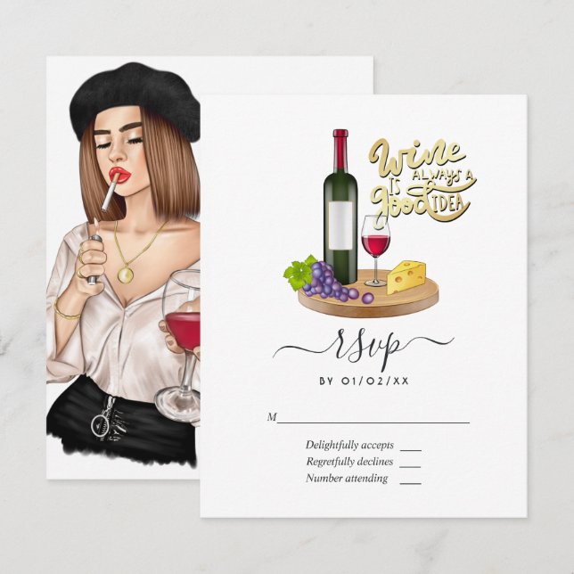 French Girl Wine Tasting Wedding RSVP Card (Front/Back)