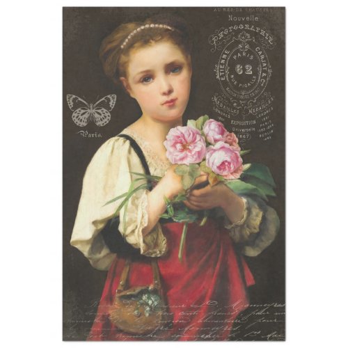 French Girl with Vintage Pink Roses and Ephemera Tissue Paper