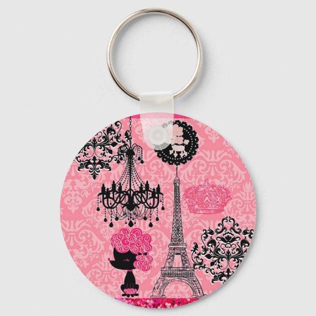 French Girly Eiffel Tower, Puppy & Damask Elegant Keychain (Front)