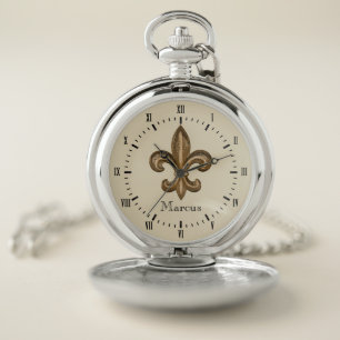 French Gold Fleur de Lis Symbol & Custom Name Pocket Watch