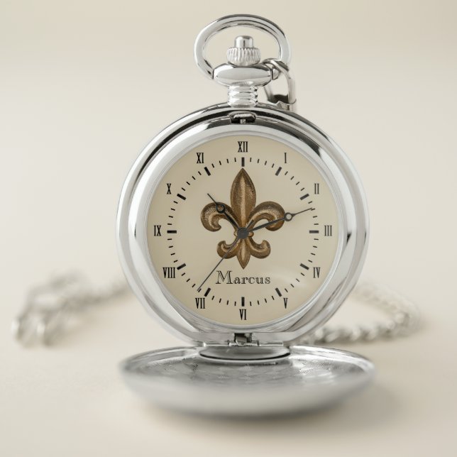 French Gold Fleur de Lis Symbol & Custom Name Pocket Watch (Inside)