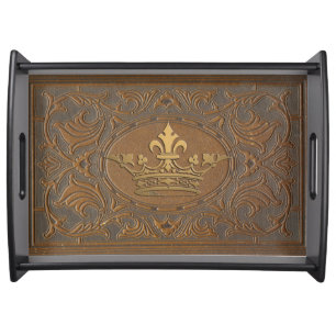 French Gold Vintage Crown Faux Embossed Leather Serving Tray