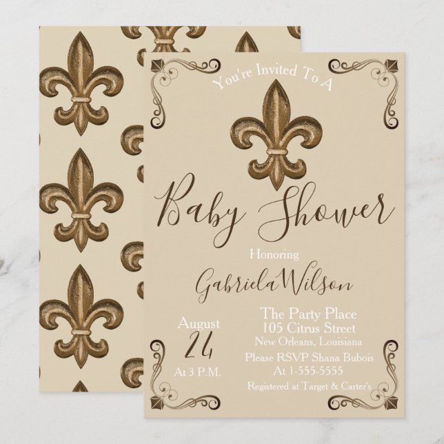 French Golden Fleur de Lis Neutral Baby Shower Invitation (Front/Back)