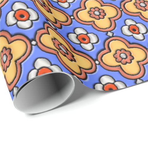 French Gothic Tile Pattern _ Blue Yellow Orange Wrapping Paper