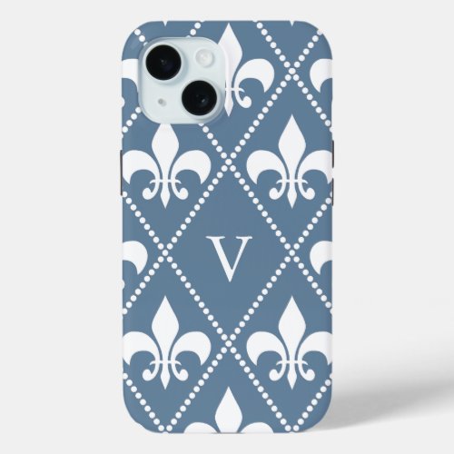 French Gray Fleur de Lis w monogram iPhone 15 Case