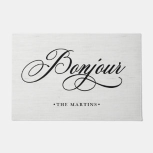 French Gray Linen Look Script Bonjour Doormat