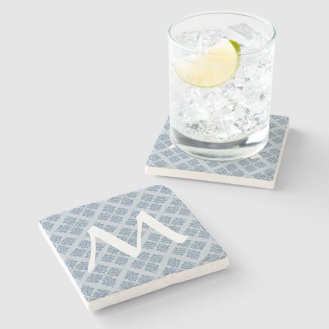 French Gray Moroccan Damask with Monogram Stone Coaster (Side)
