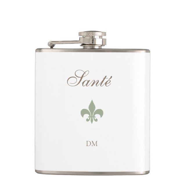 French Green Fleur de Lis Santé Monogram Wedding  Flask (Front)