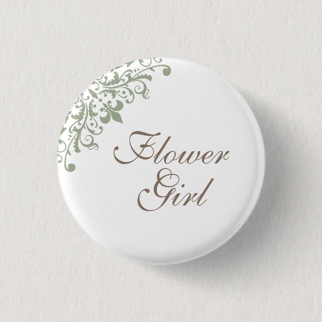 French Green Fleur de Lis Script Flower Girl Button (Front)