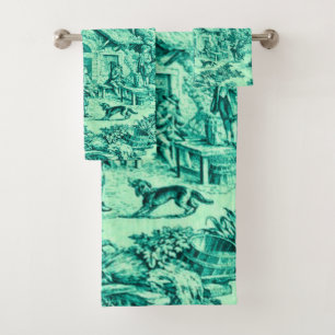 French Green Toile Chinoiserie Rustic Style Bath Towel Set