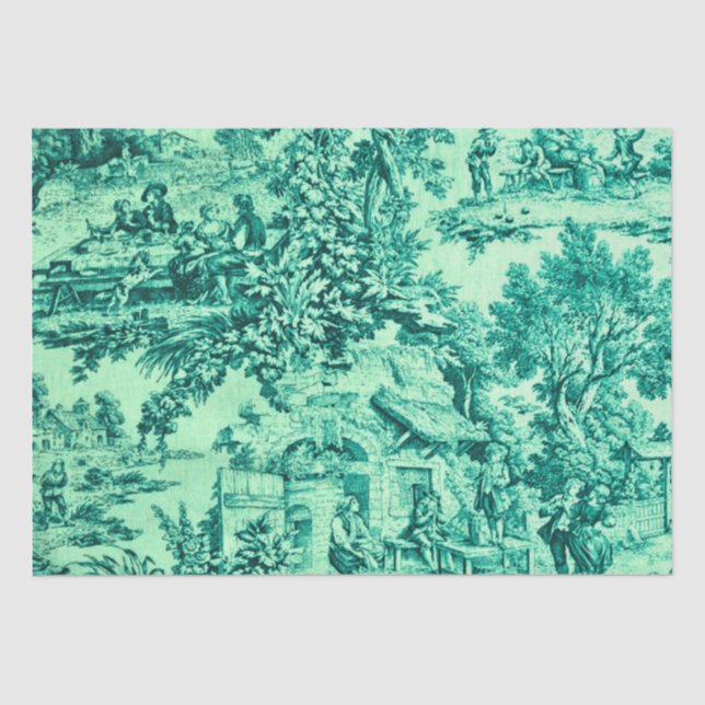 French Green Toile Rococo Rustic Style Decoupage  Tissue Paper (Front)