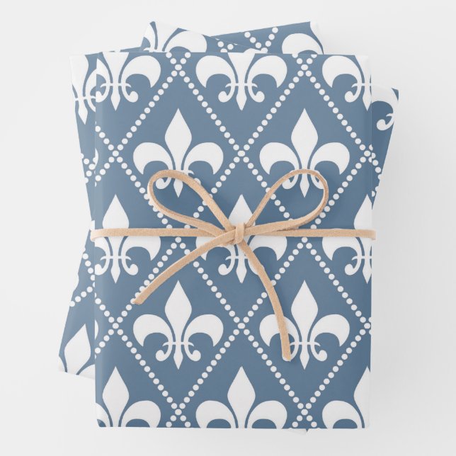 French Grey Fleur de Lis Wrapping Paper Sheets (In situ)